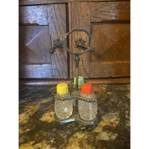 Vintage Shaker Set 3 Pressed Glass Shake W Metal Holder Knickerbocker Silver Co - Picture 1 of 8